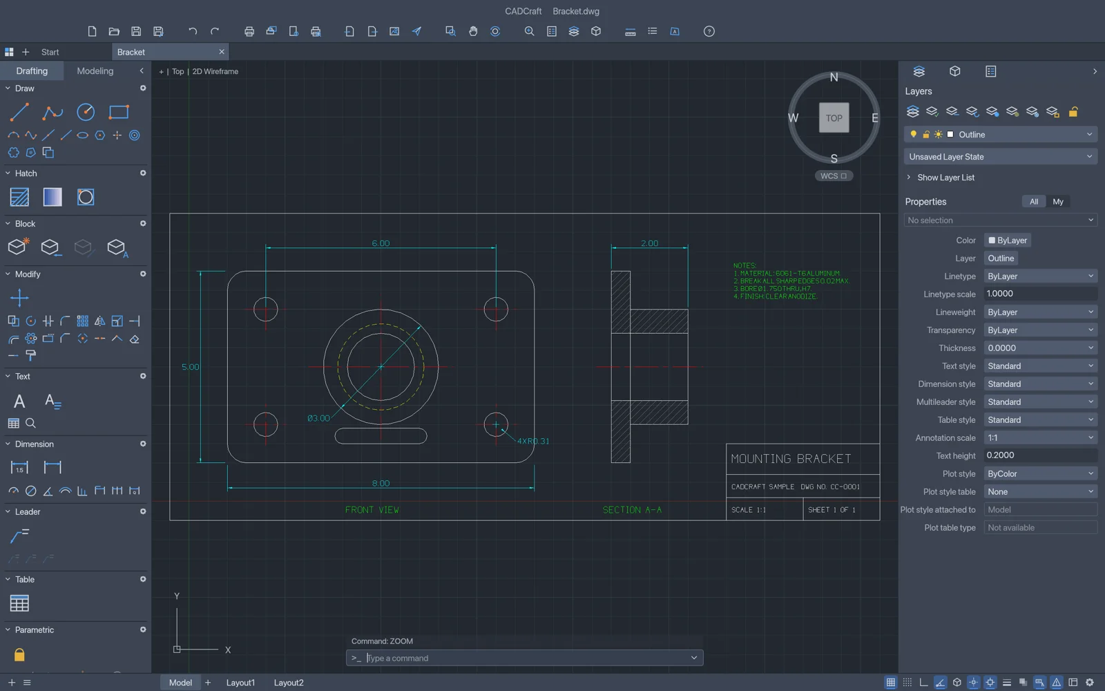 CADCraft drafting a mechanical mounting bracket with section lines, dimensions and title block