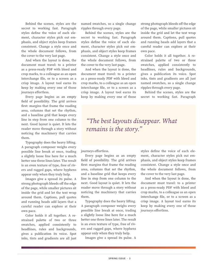 Three columns of justified, hyphenated body text wrapping around a shaded pull quote