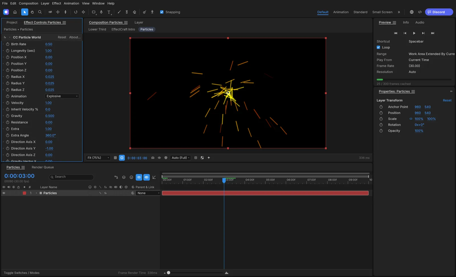 EffectCraft's effect controls for a particle simulation bursting from the center of the composition