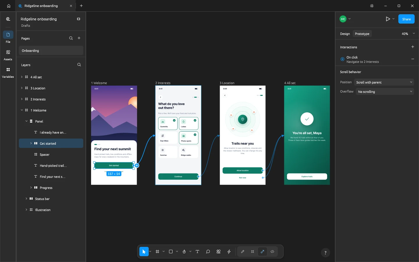 Four onboarding phone screens in FigCraft's Prototype tab joined by connection curves, with the Prototype panel showing an On click, Navigate to interaction