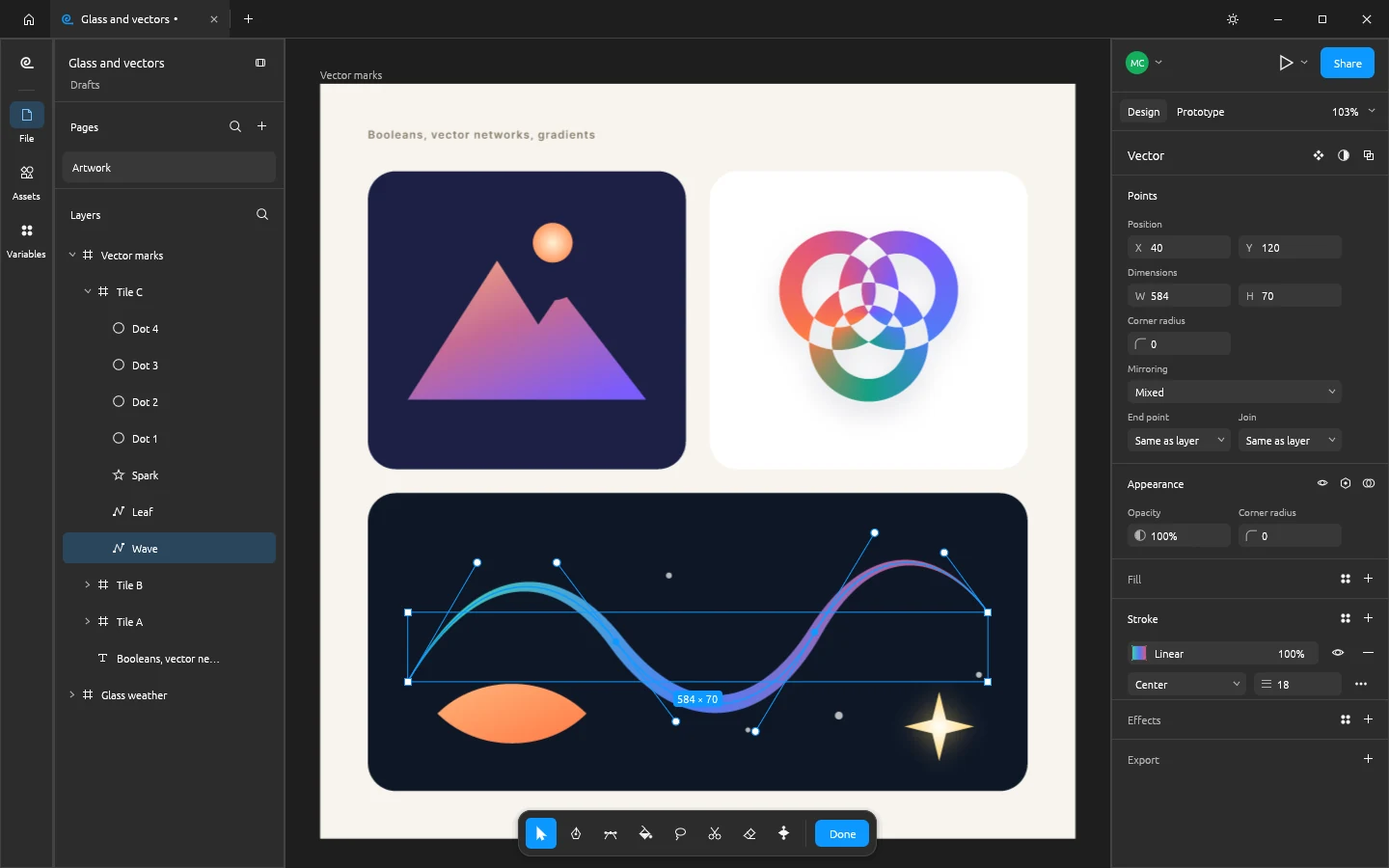 FigCraft's vector edit mode on a wave path with a tapered gradient stroke, its anchor points and bezier handles visible, above a boolean-built mountain mark and a knot of excluded rings