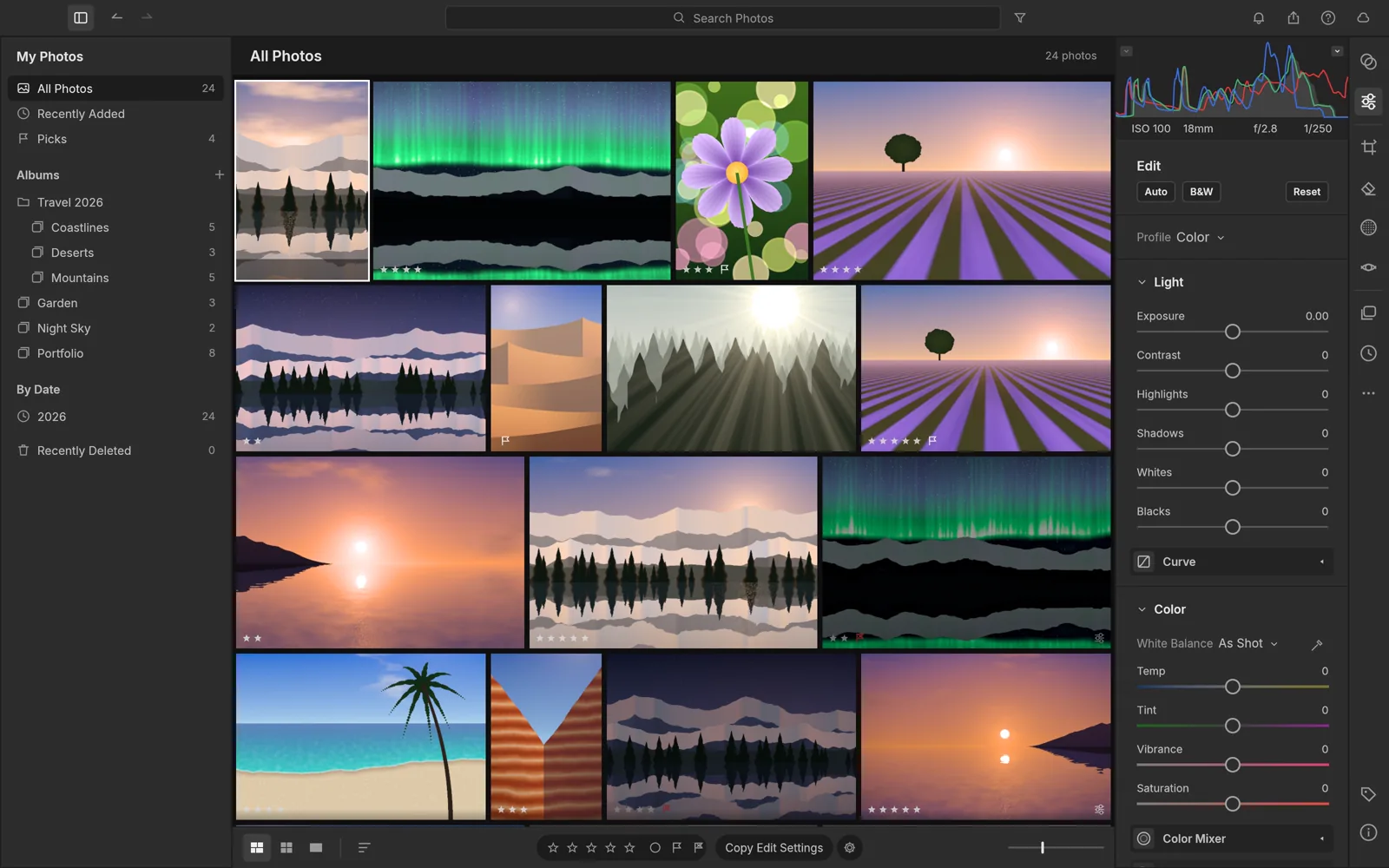 LightCraft library grid with albums, ratings and the develop panel