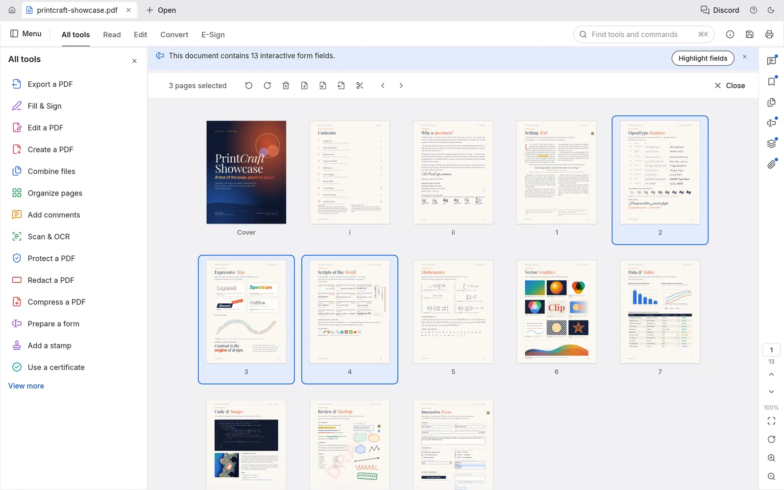 PdfCraft page organizer with three pages selected and the page tools in the toolbar above