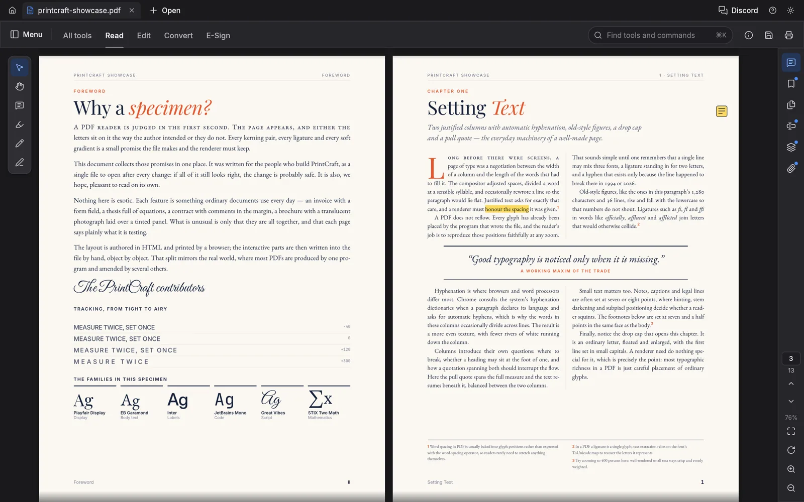 PdfCraft two-up Read mode in the dark theme showing typeset specimen pages