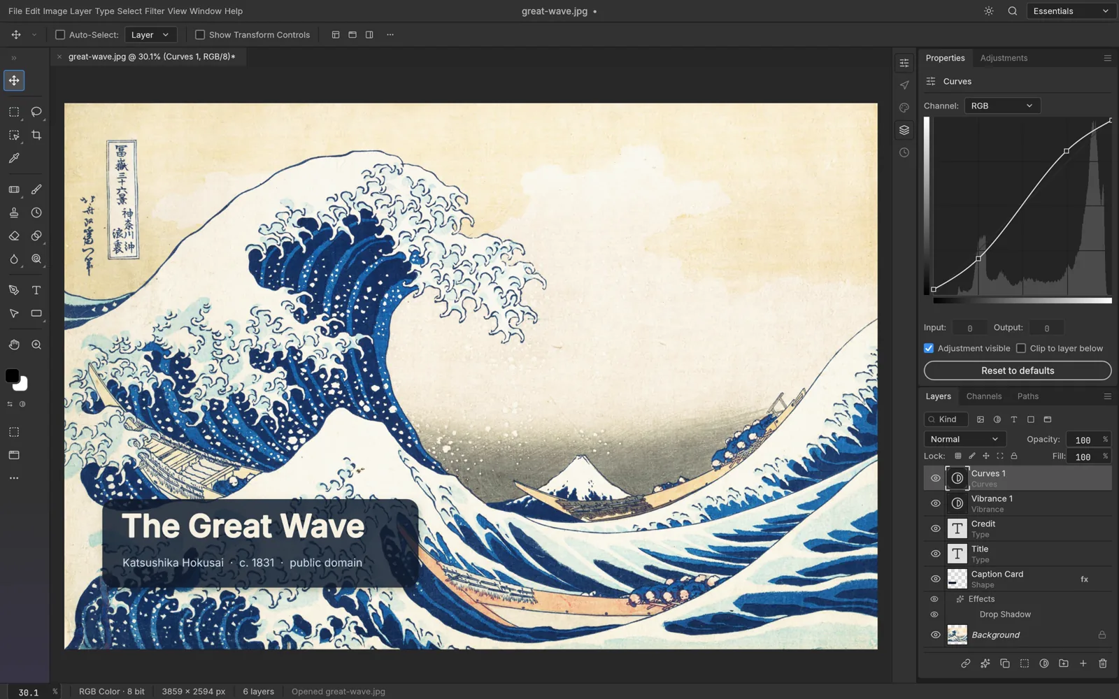 PhotoCraft editing The Great Wave off Kanagawa with a Curves adjustment and type layers in the Layers panel