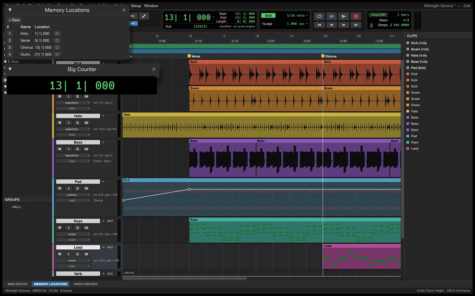SoundCraft displaying volume automation curves on a track alongside the Memory Locations window