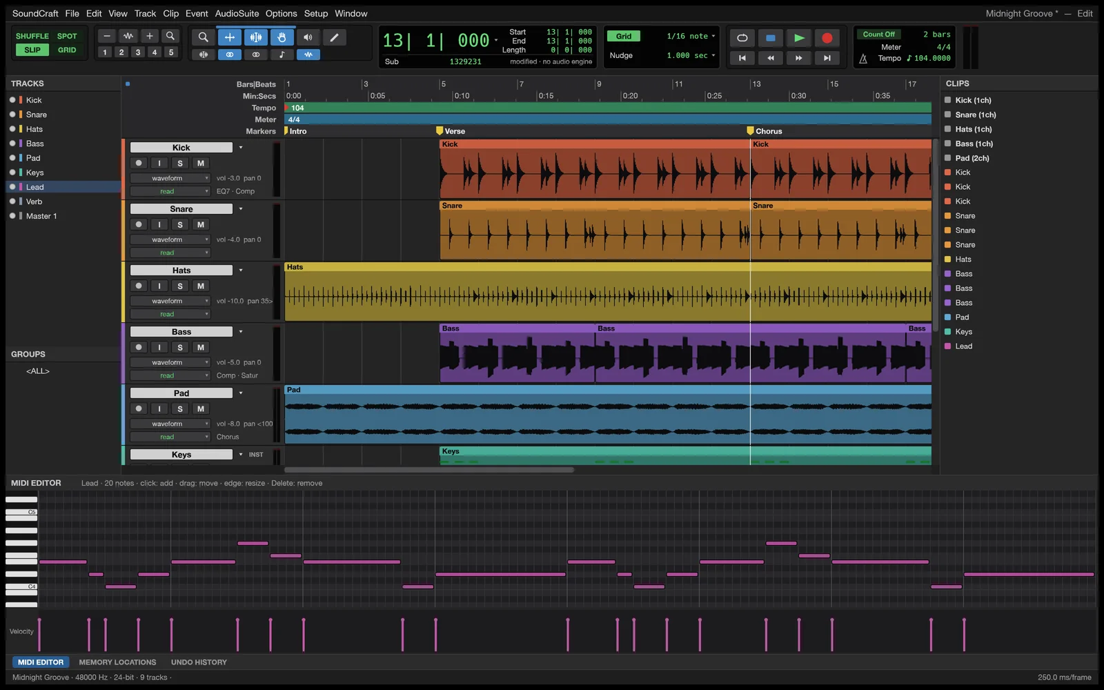 SoundCraft MIDI editor showing note velocity lanes and piano roll editing