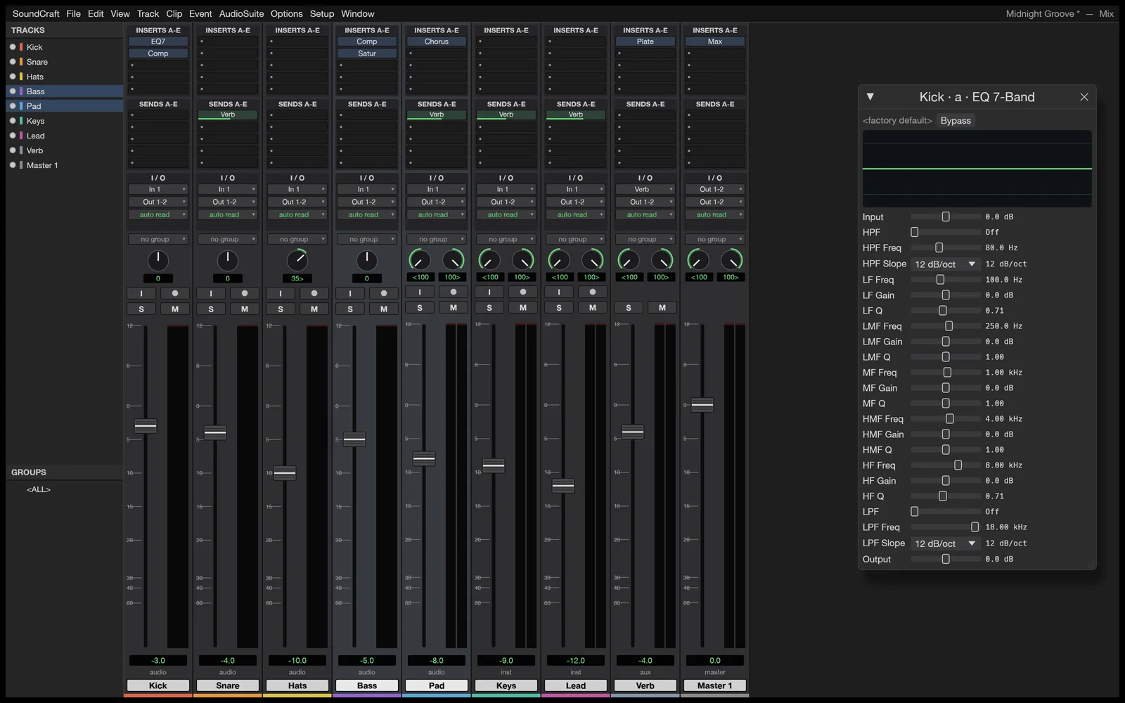 SoundCraft Mix window with ten inserts and sends per track, pan knobs, faders, meters and an EQ plugin window