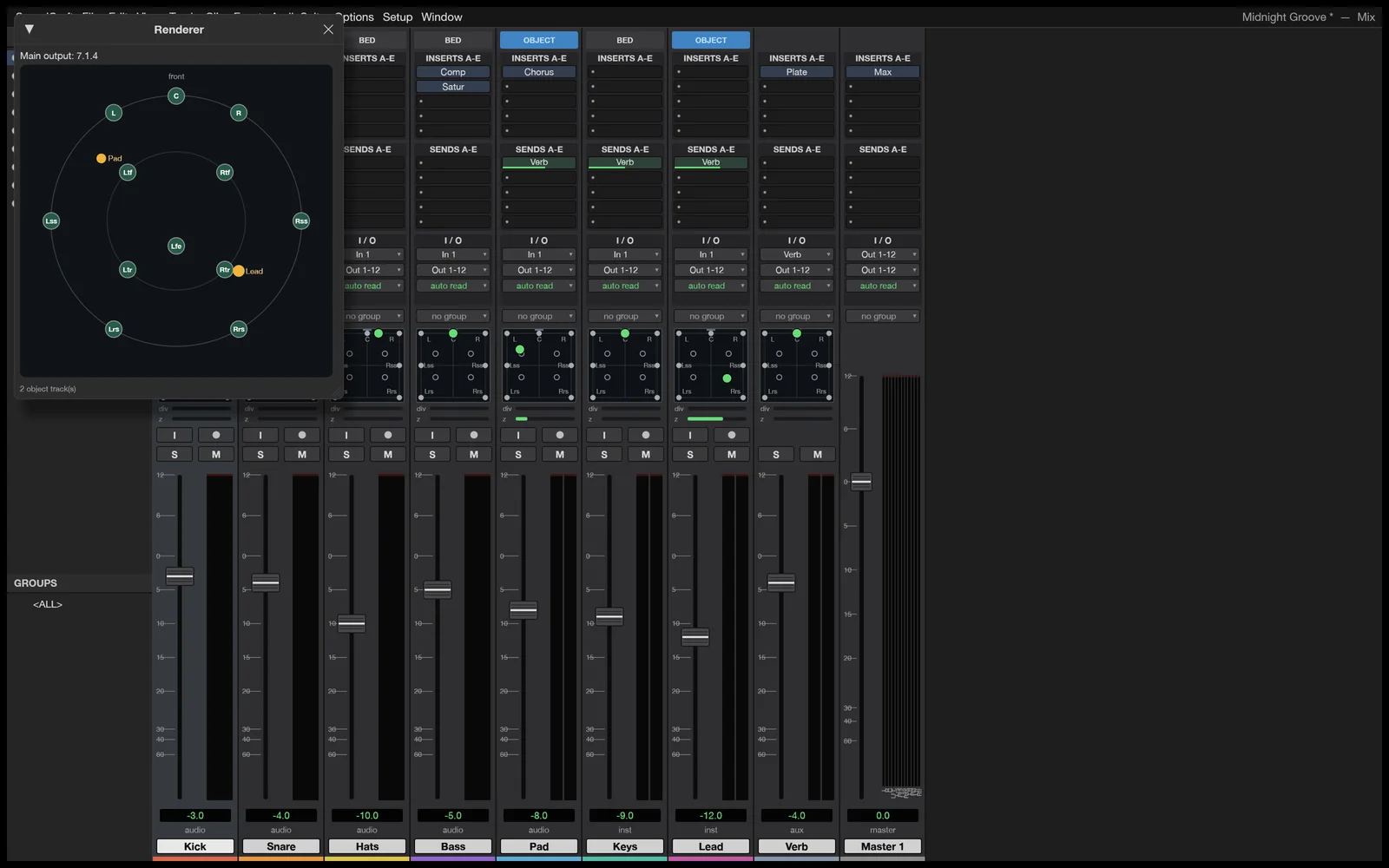 SoundCraft Renderer window displaying a 7.1.4 surround speaker layout and spatial panners