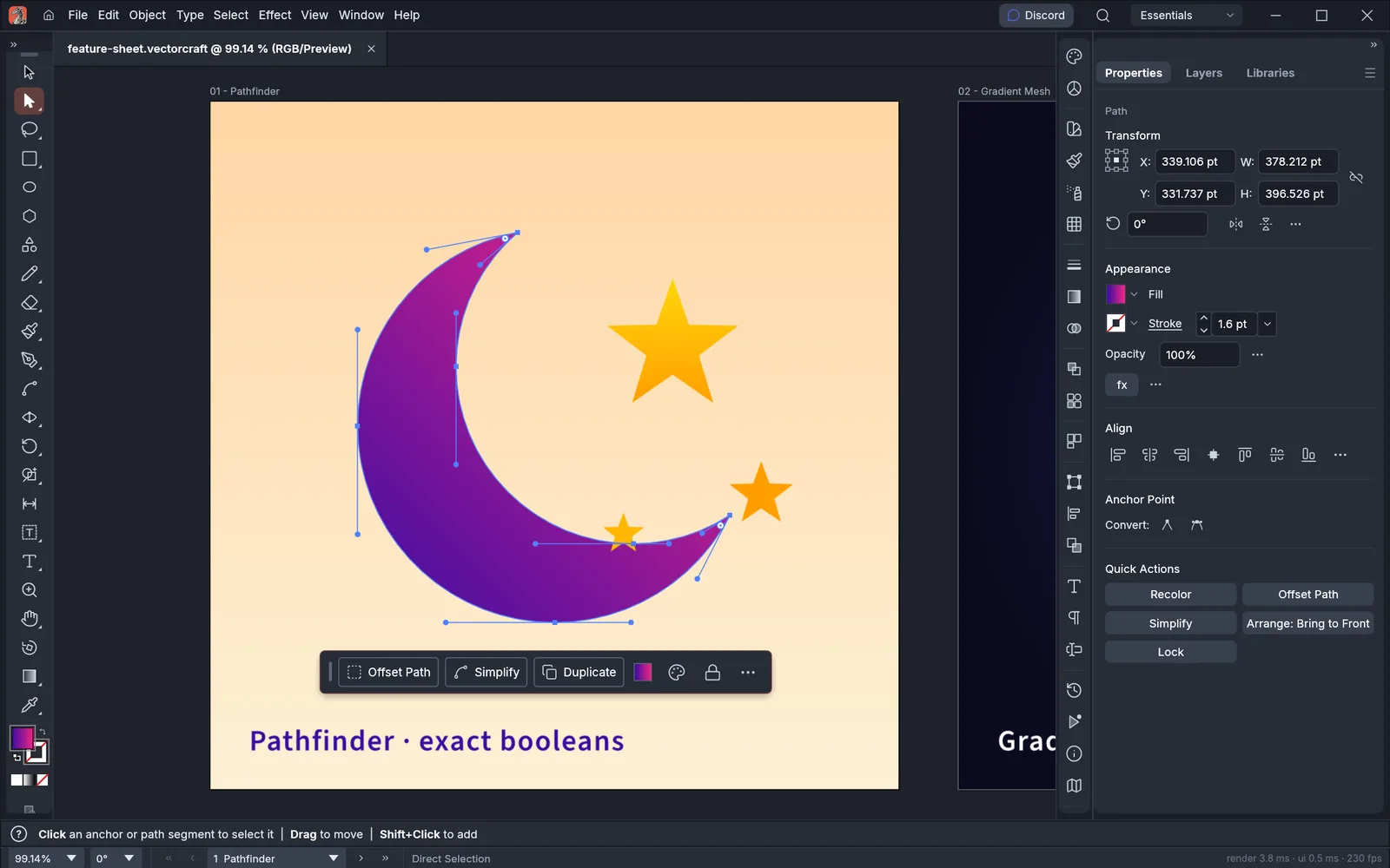 VectorCraft direct-selecting the anchor points and bezier handles of a crescent moon, with the contextual task bar below it