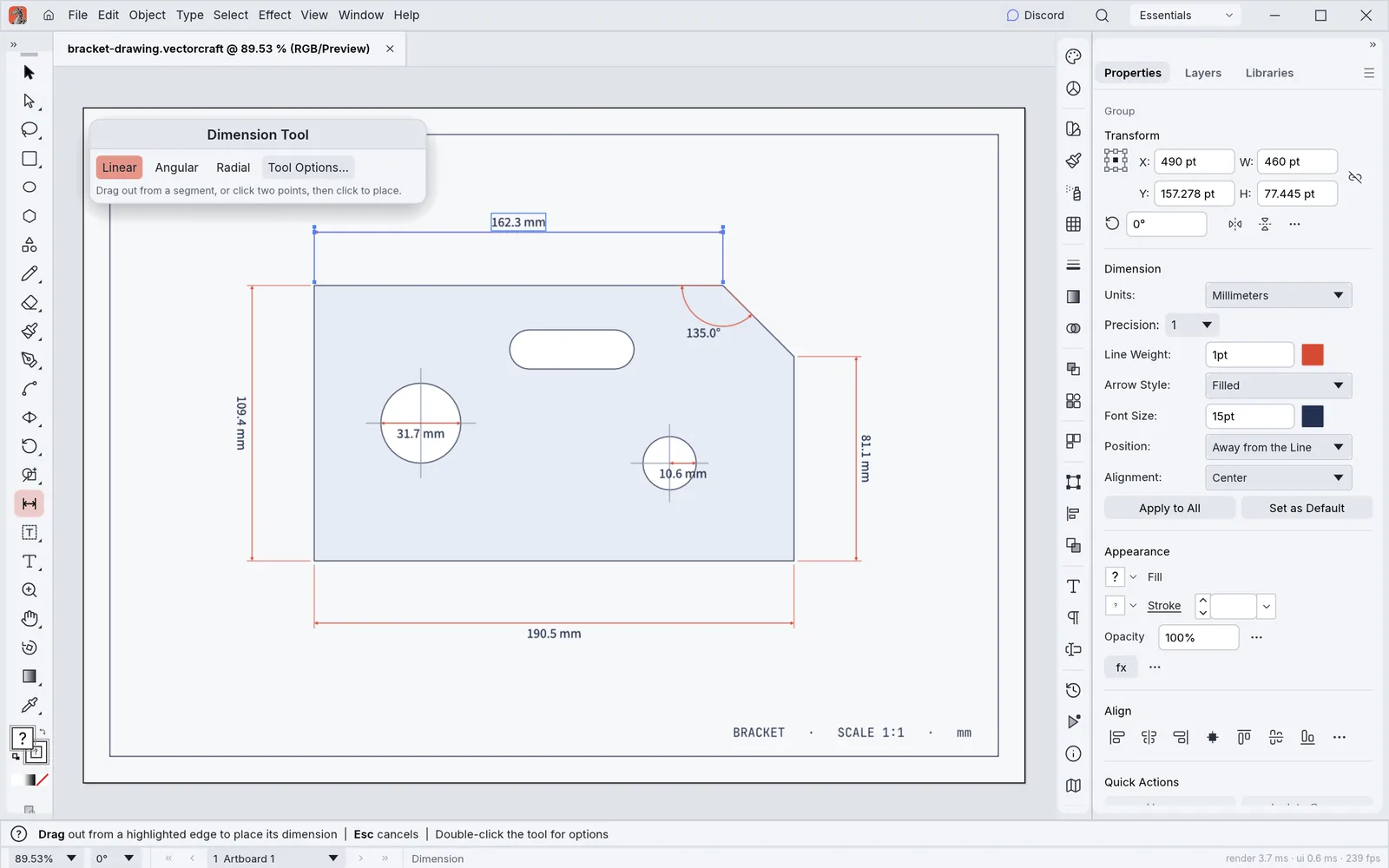 VectorCraft in its light theme with a bracket drawing measured by linear, angular, diameter and radius dimensions, the Dimension tool active and the Properties panel showing the selected dimension's units, precision and style