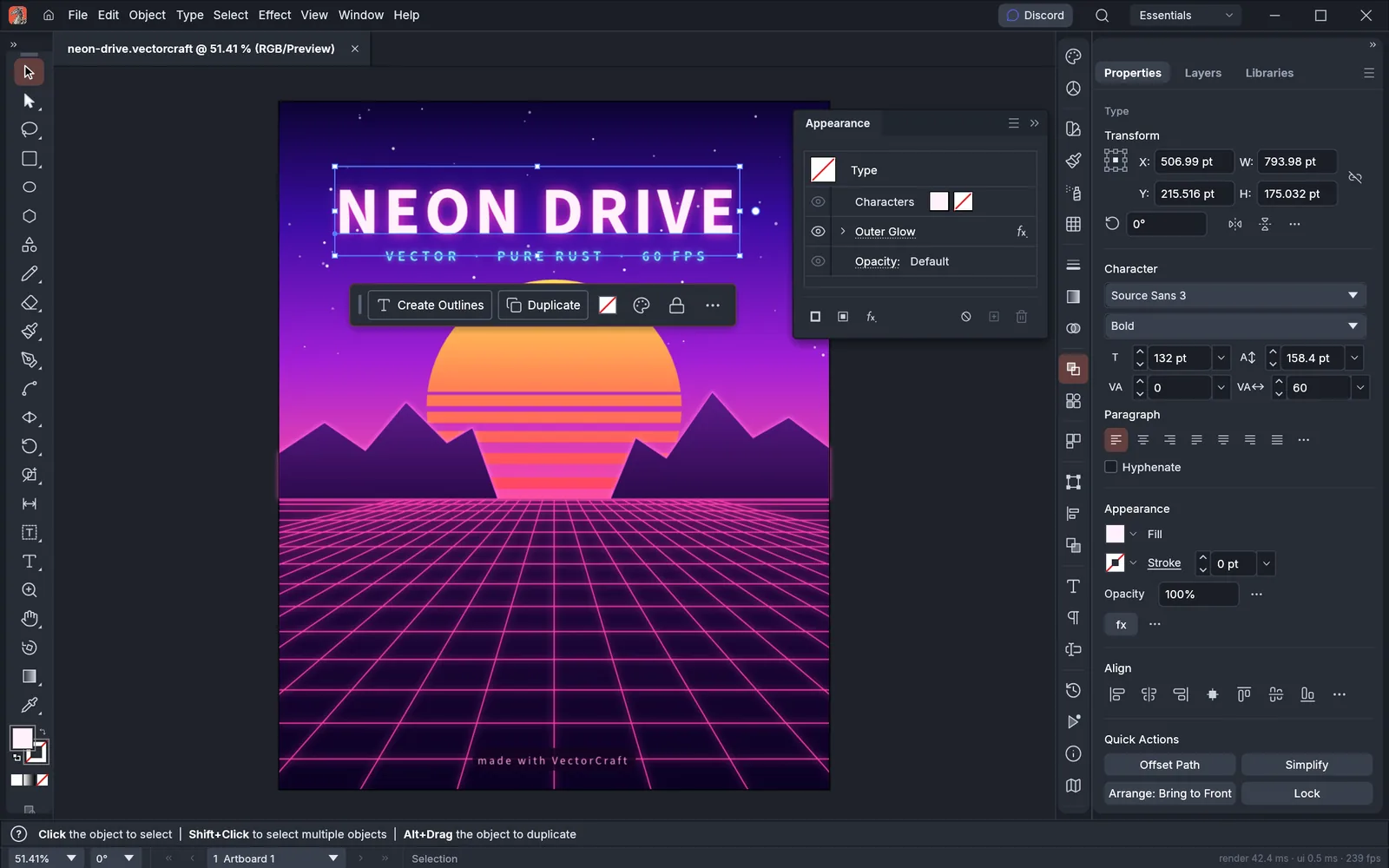 VectorCraft editing the Neon Drive poster: the title is selected, the Appearance panel lists its live outer glow, and the Properties panel shows its character settings