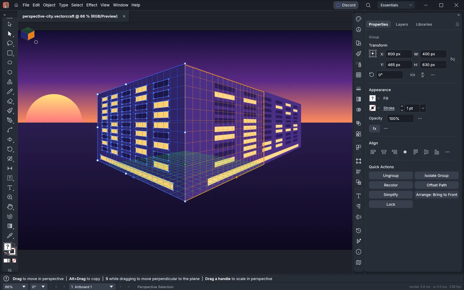 VectorCraft with two lit building facades drawn on the left and right planes of a two-point perspective grid at sunset