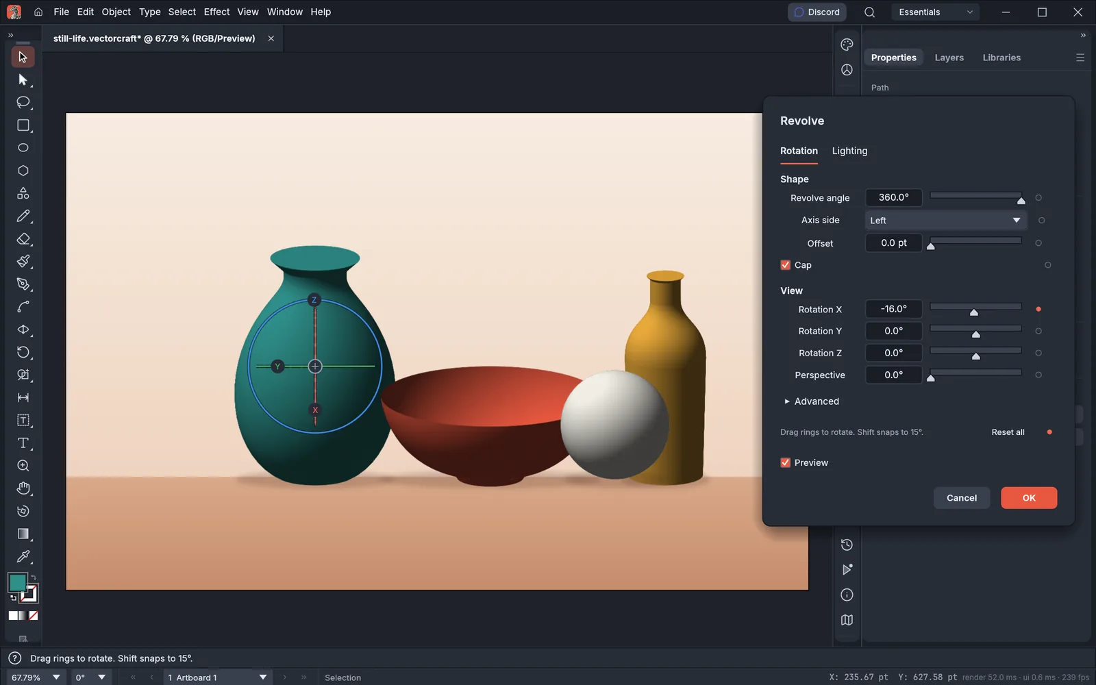 VectorCraft with a still life of a vase, a bowl, a sphere and a bottle made with 3D revolve; the vase is selected and the Revolve dialog shows its rotation, cap and view settings beside the rotation gizmo