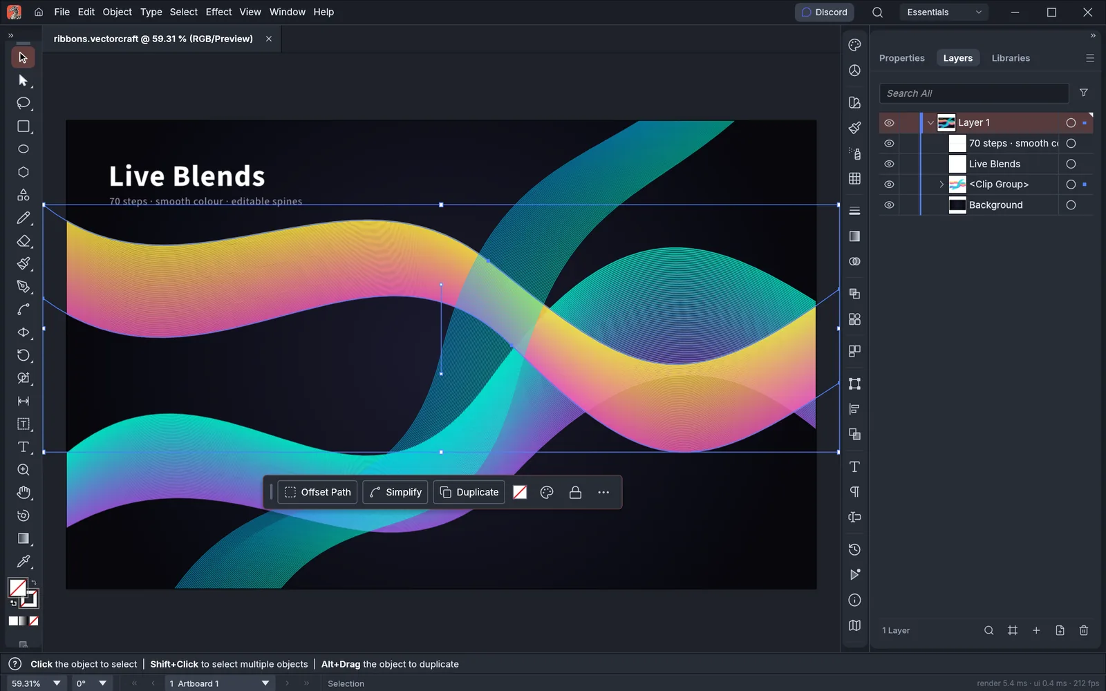 VectorCraft showing three live blend ribbons clipped to the artboard, one selected with its key paths, and the Layers panel listing the clip group and blends