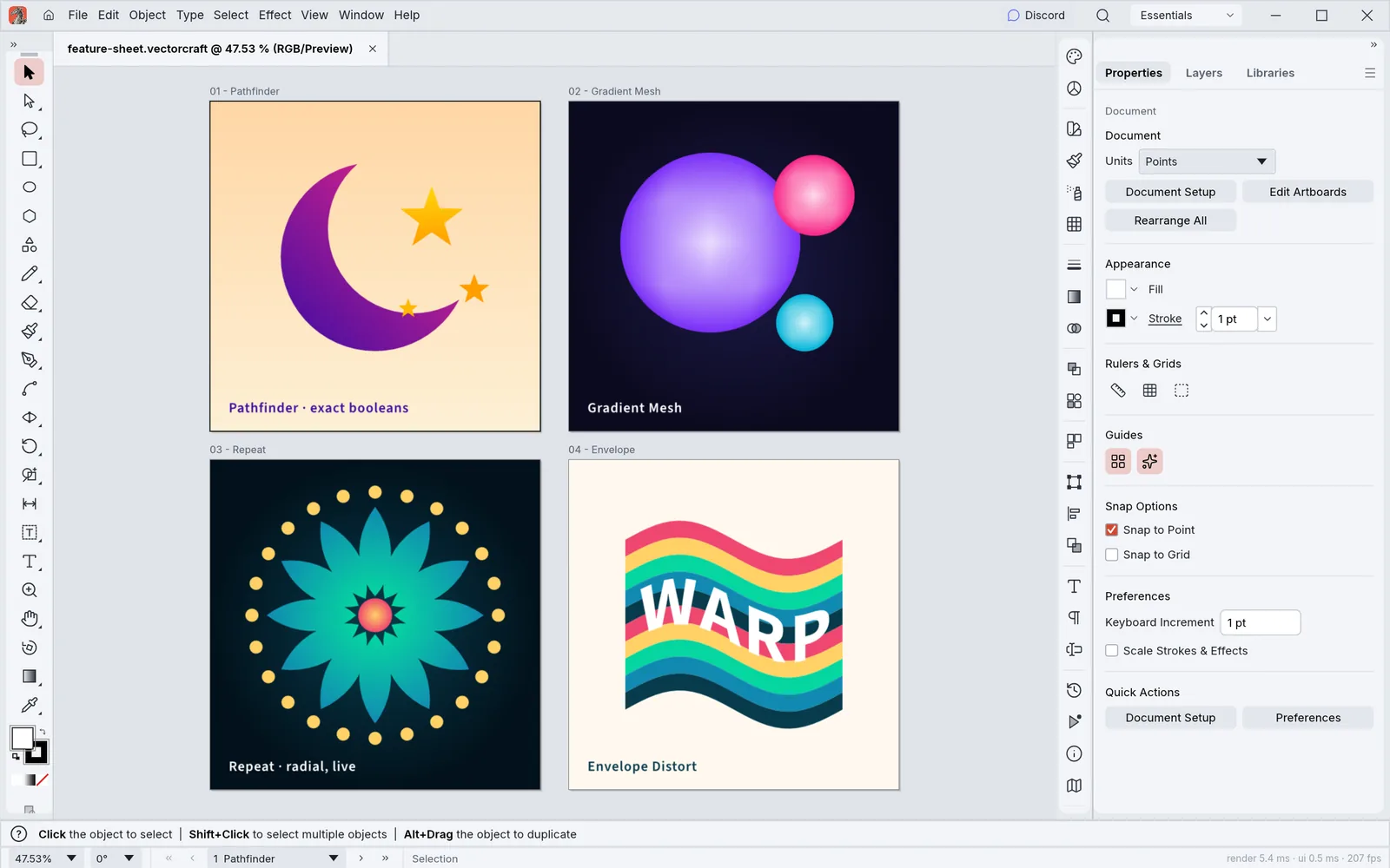 VectorCraft in its light theme with four artboards: shape booleans, a gradient mesh, a live radial repeat and an envelope distort